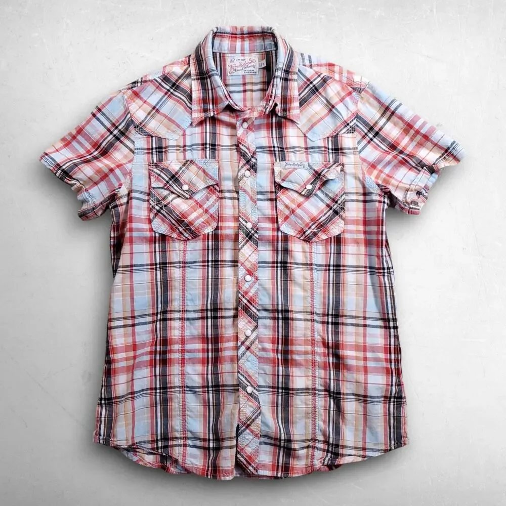 True Religion Rocky Western Shirt Men M Plaid Pearl Snaps Short Sleeve Cowboy